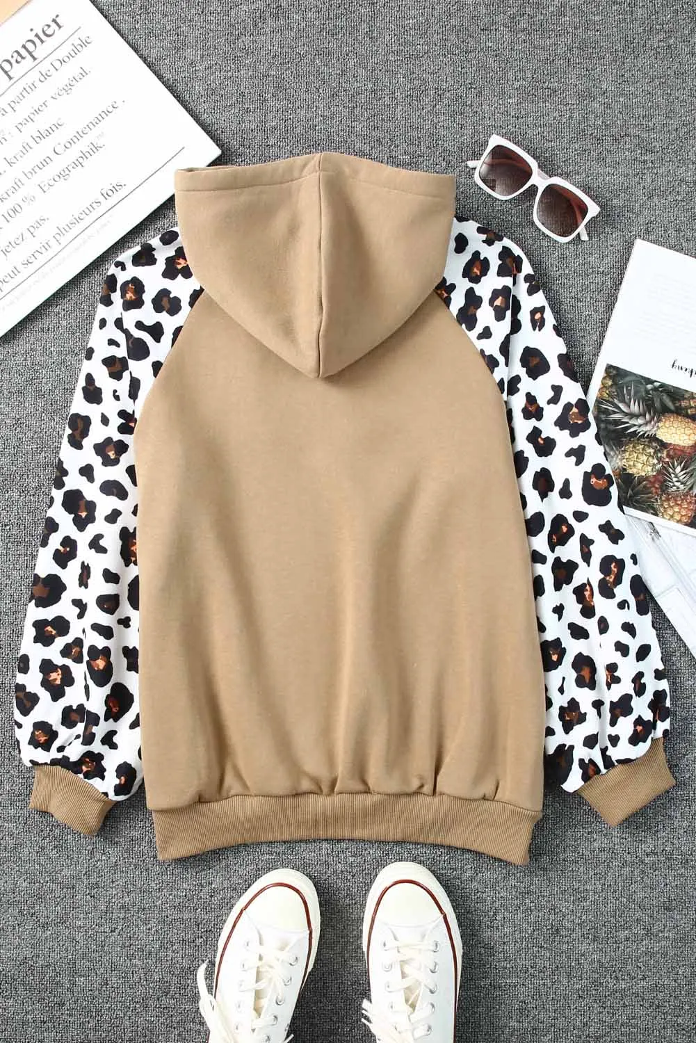 Gray Hooded Leopard Bishop Sleeve Sweatshirt