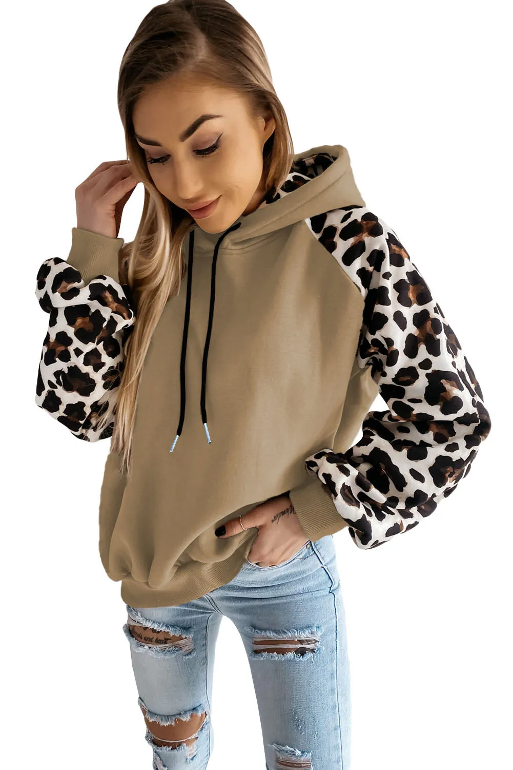 Gray Hooded Leopard Bishop Sleeve Sweatshirt