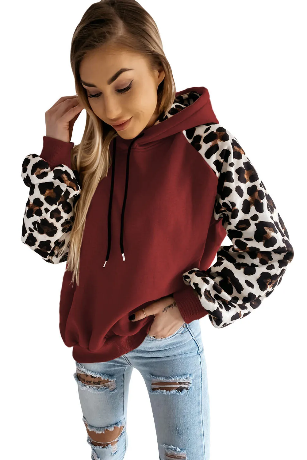 Gray Hooded Leopard Bishop Sleeve Sweatshirt