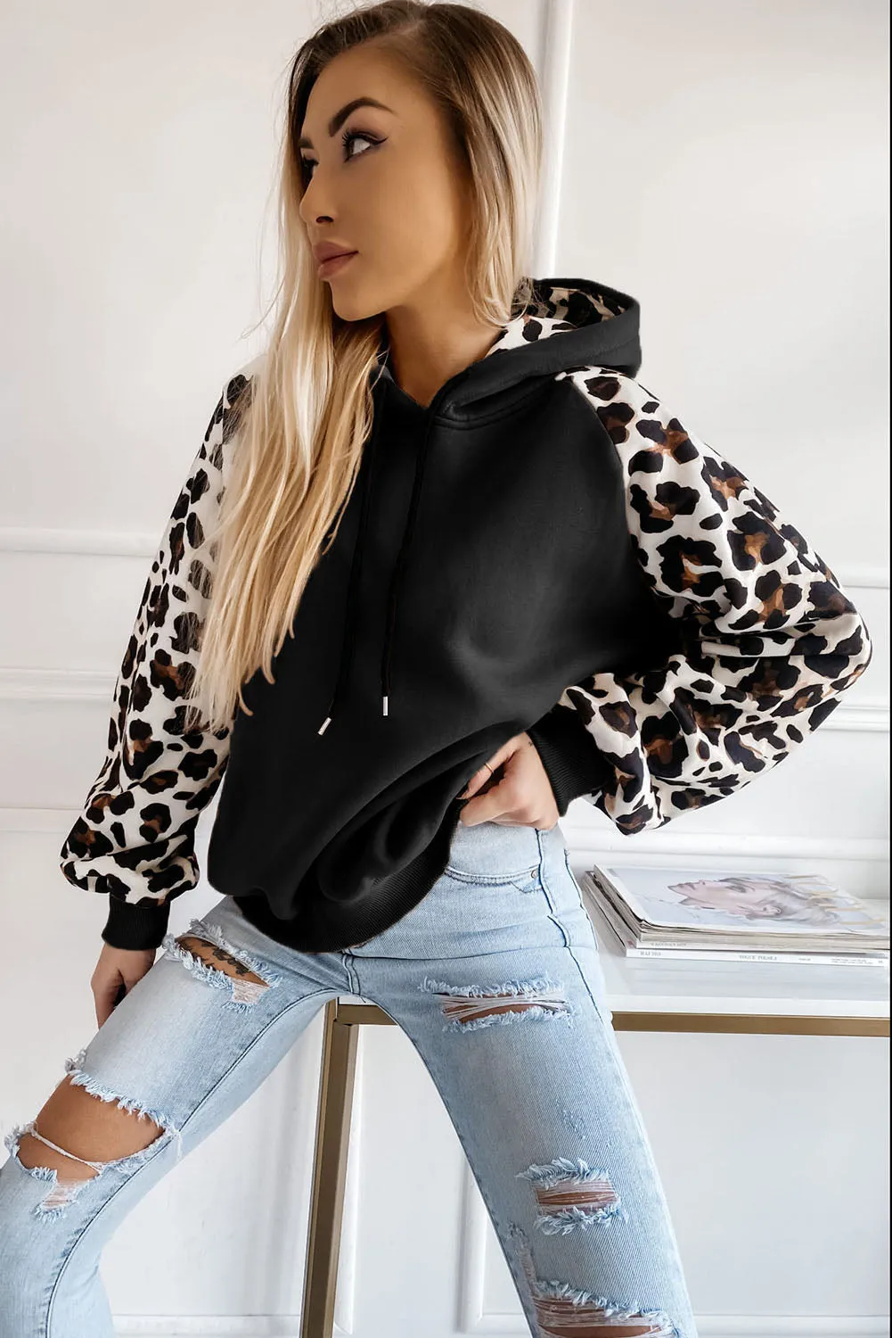Gray Hooded Leopard Bishop Sleeve Sweatshirt