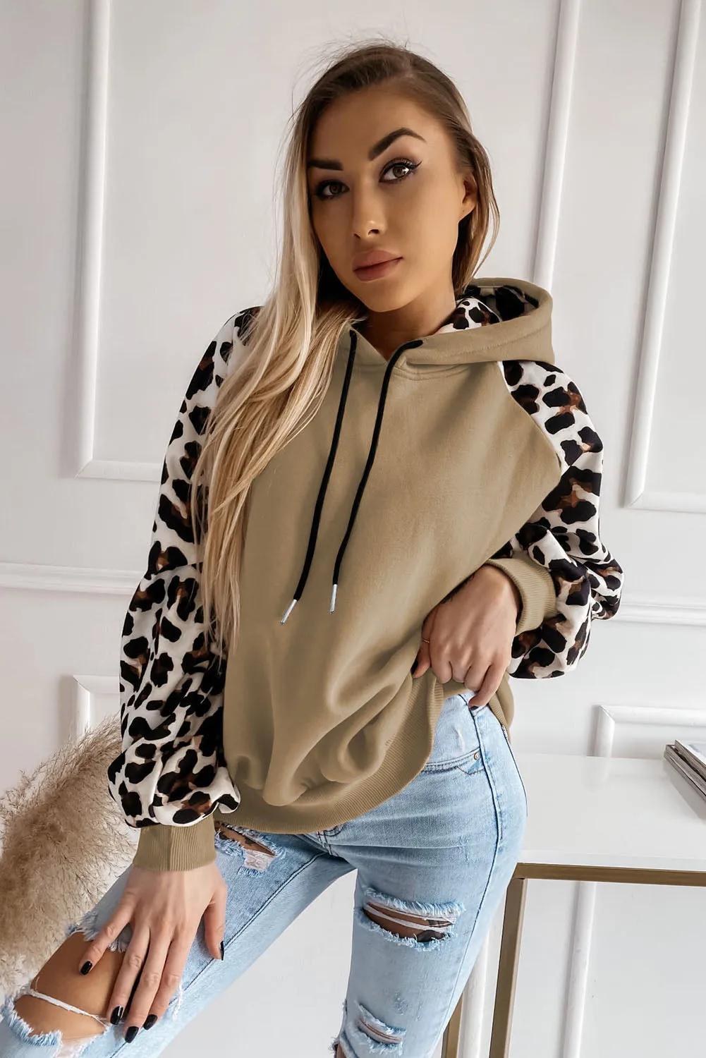 Gray Hooded Leopard Bishop Sleeve Sweatshirt