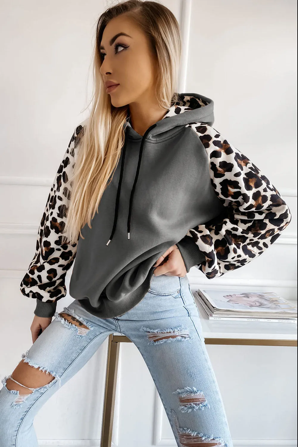 Gray Hooded Leopard Bishop Sleeve Sweatshirt