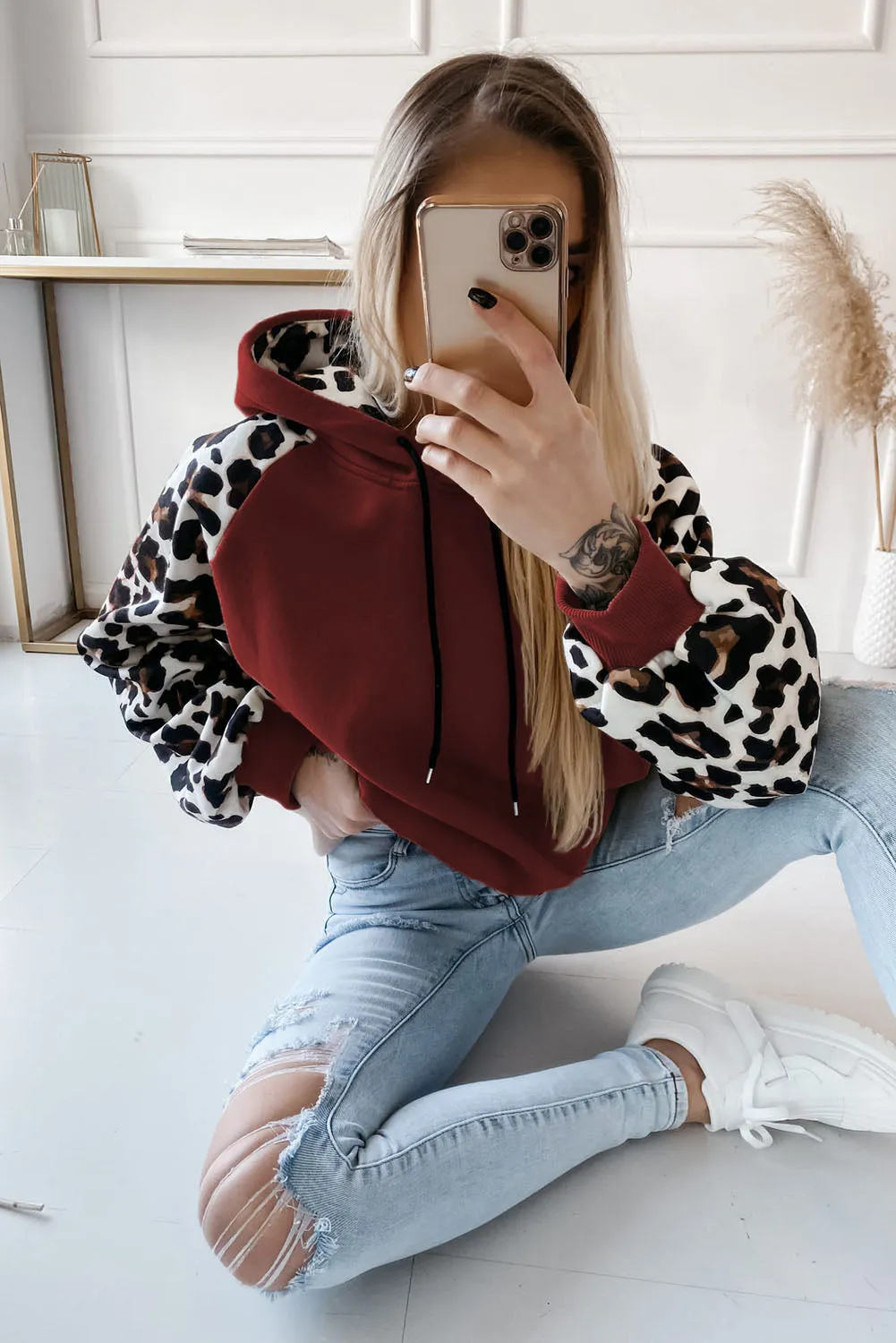 Gray Hooded Leopard Bishop Sleeve Sweatshirt