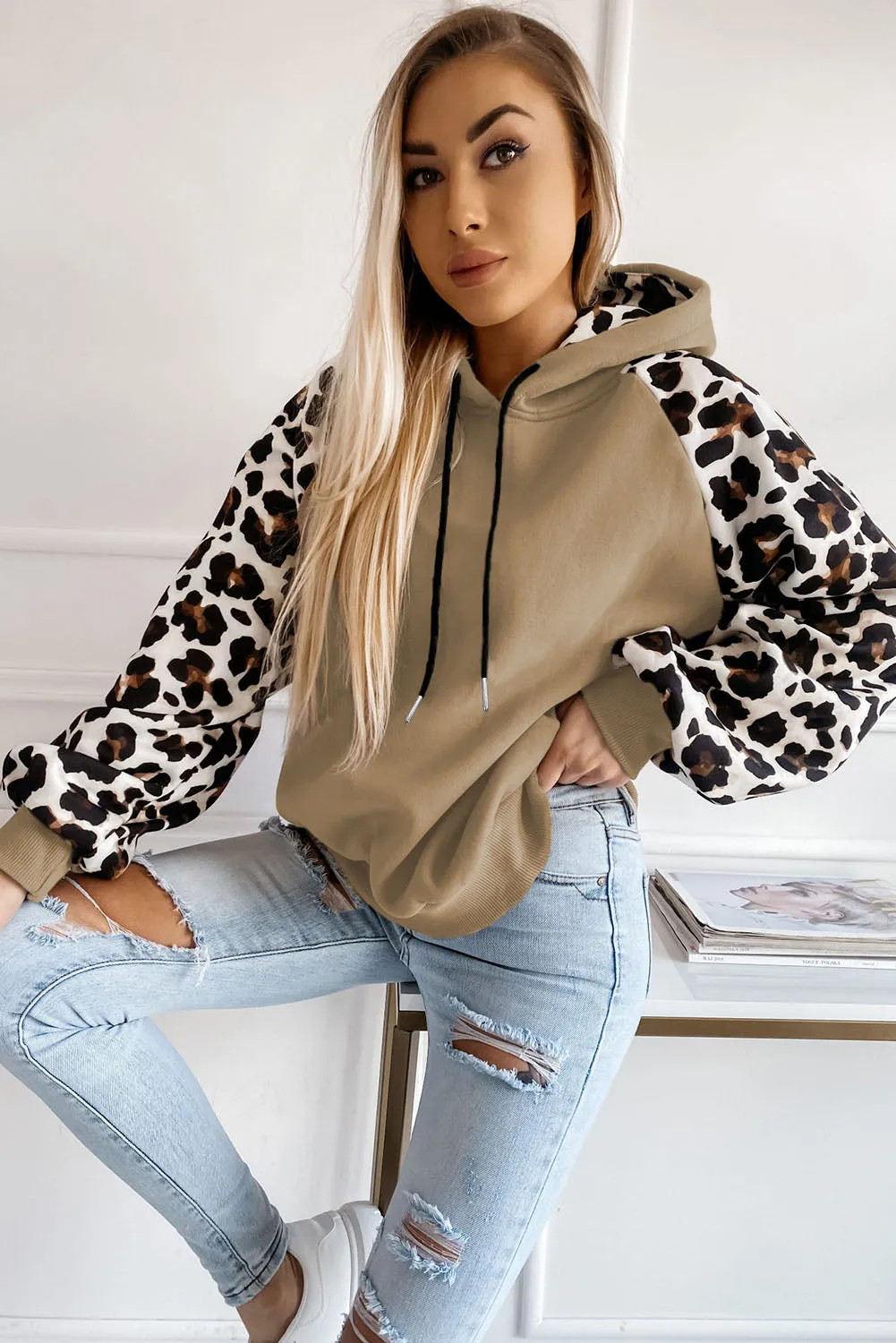 Gray Hooded Leopard Bishop Sleeve Sweatshirt