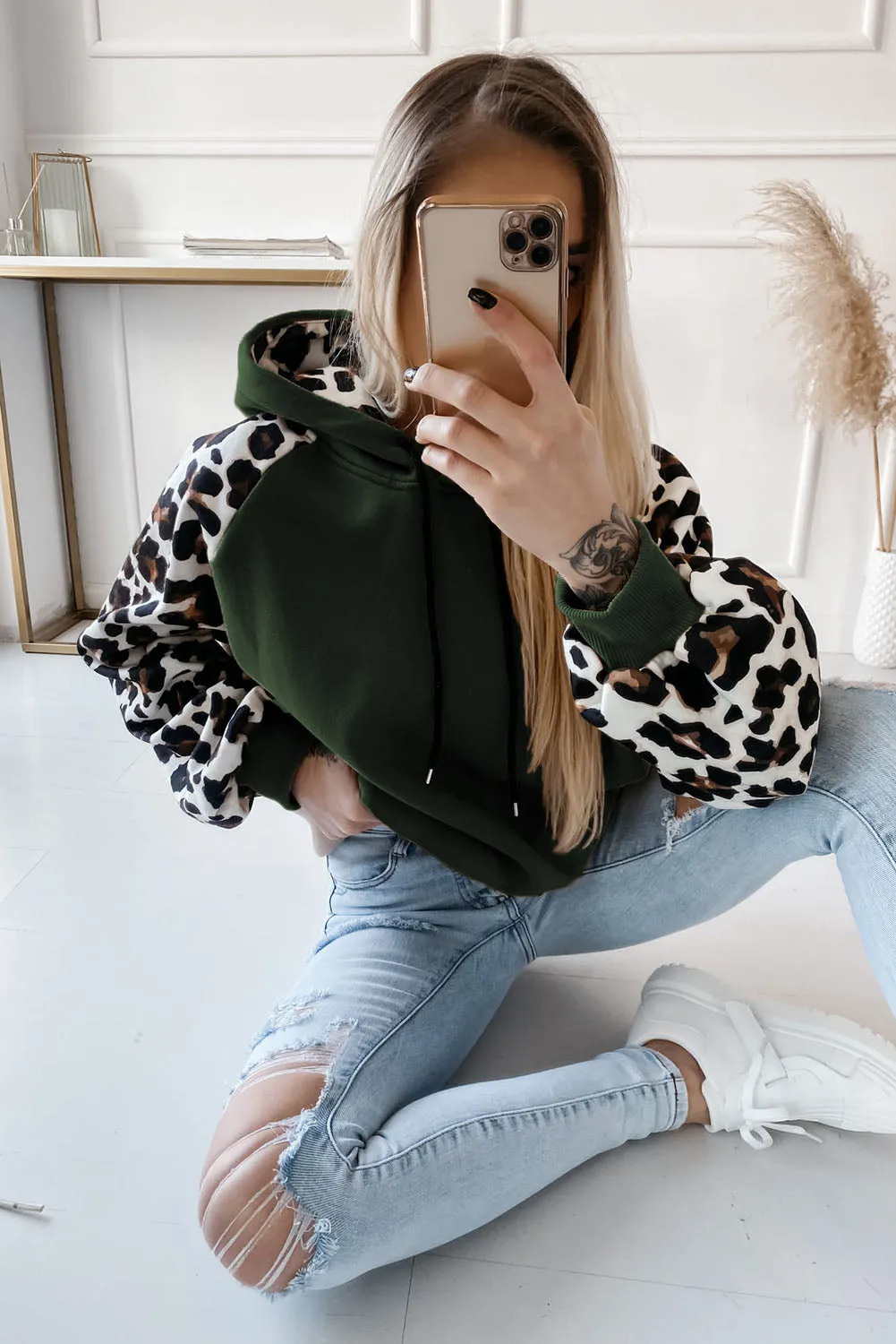 Gray Hooded Leopard Bishop Sleeve Sweatshirt