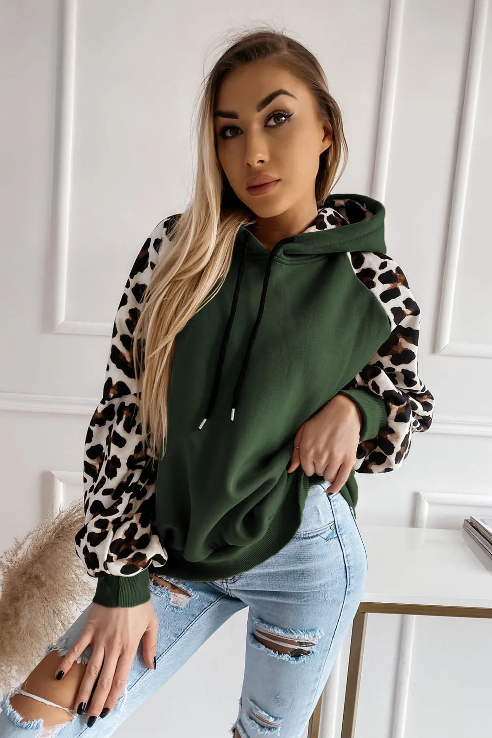 Gray Hooded Leopard Bishop Sleeve Sweatshirt