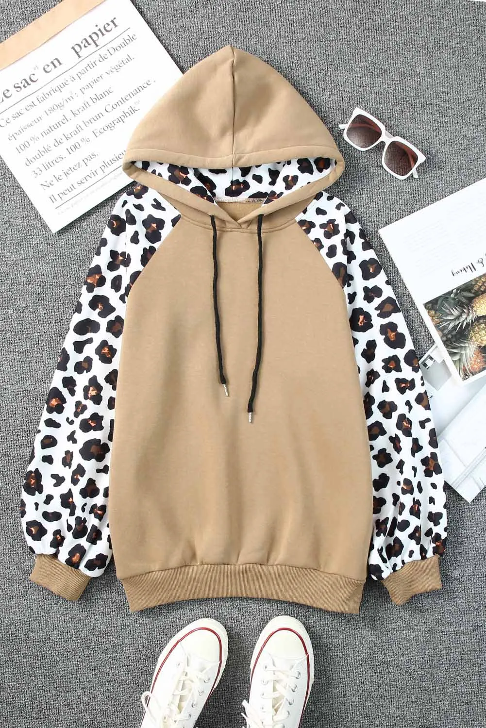 Gray Hooded Leopard Bishop Sleeve Sweatshirt