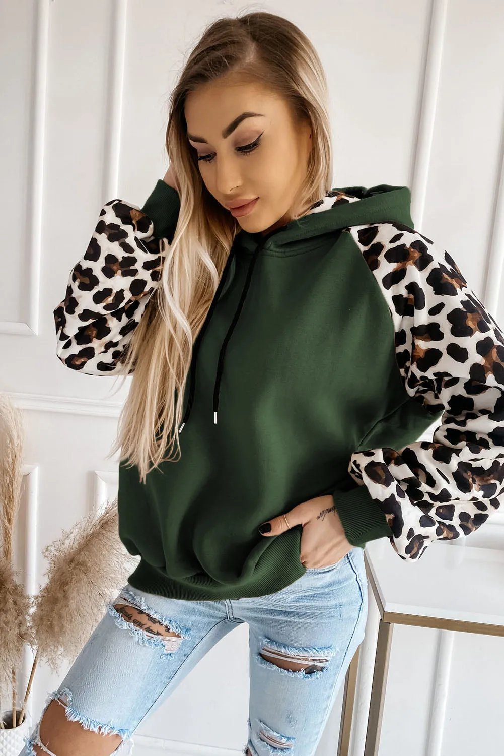 Gray Hooded Leopard Bishop Sleeve Sweatshirt