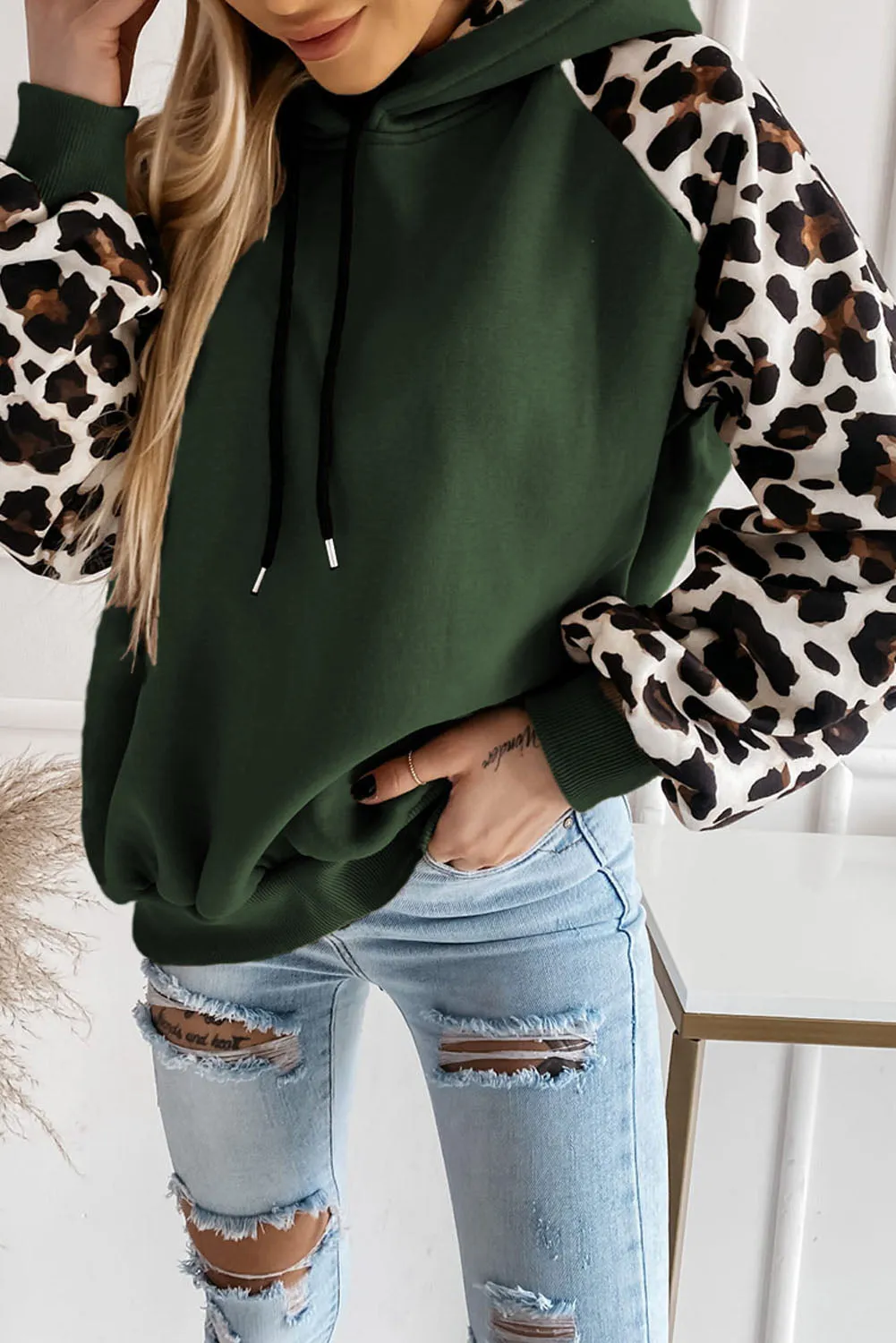 Gray Hooded Leopard Bishop Sleeve Sweatshirt