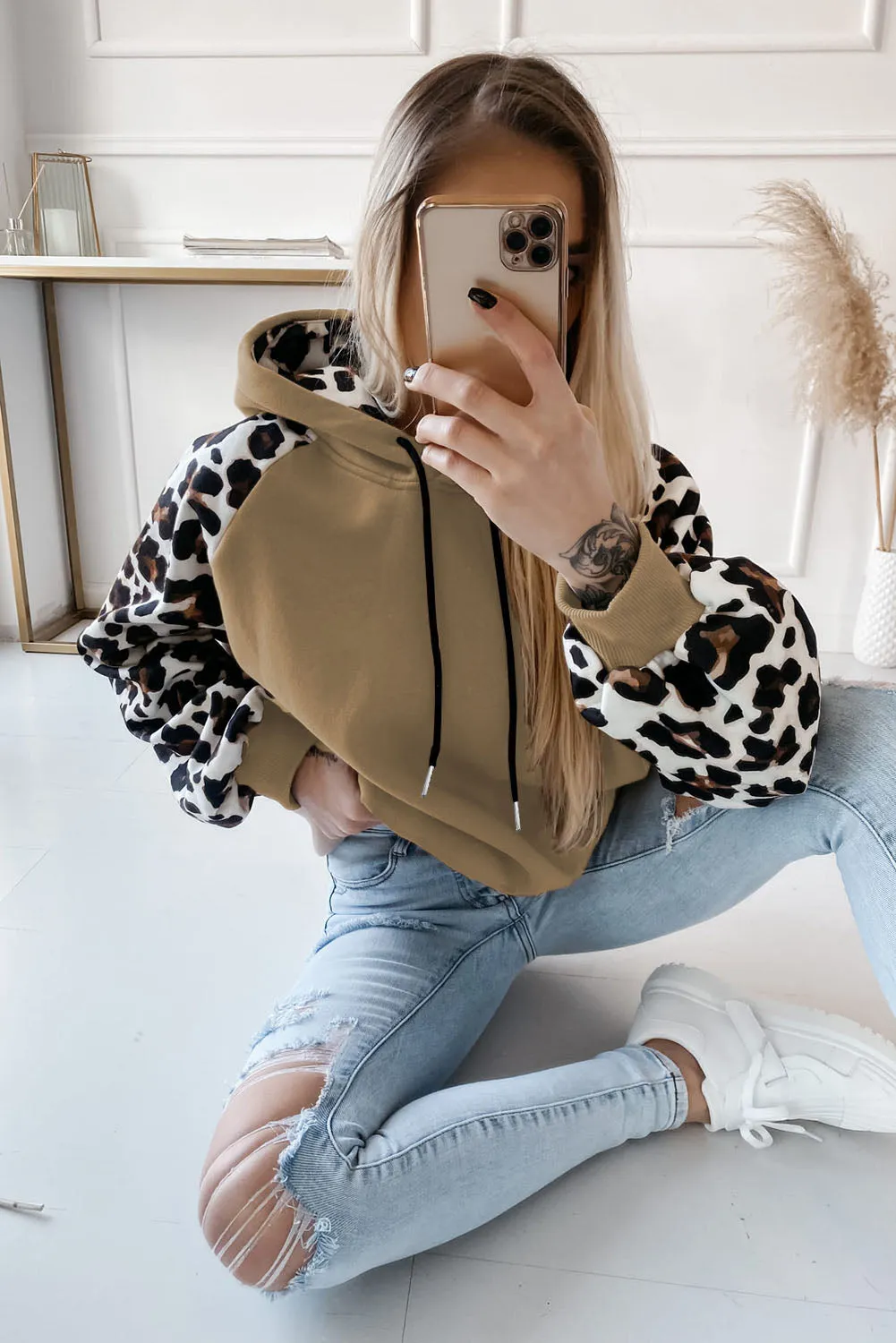 Gray Hooded Leopard Bishop Sleeve Sweatshirt