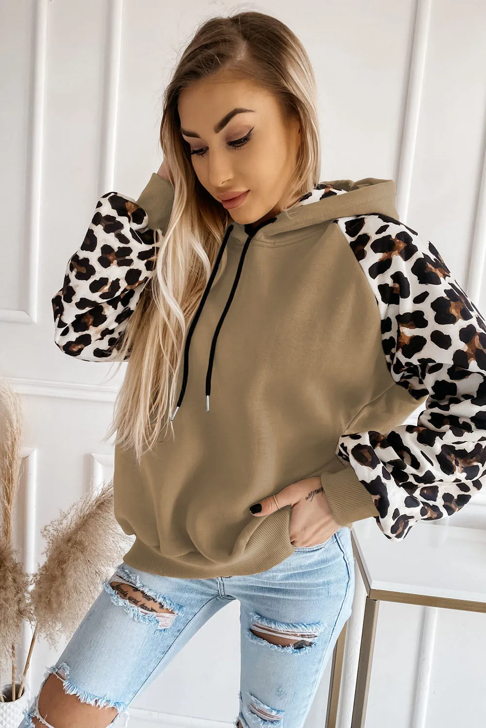 Gray Hooded Leopard Bishop Sleeve Sweatshirt