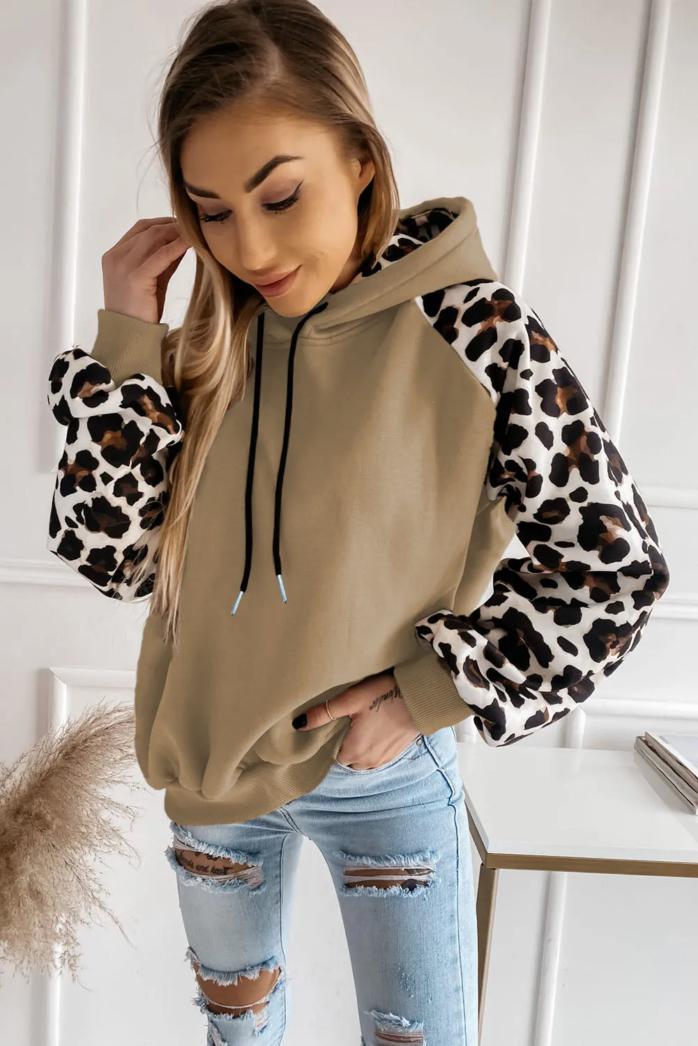 Gray Hooded Leopard Bishop Sleeve Sweatshirt