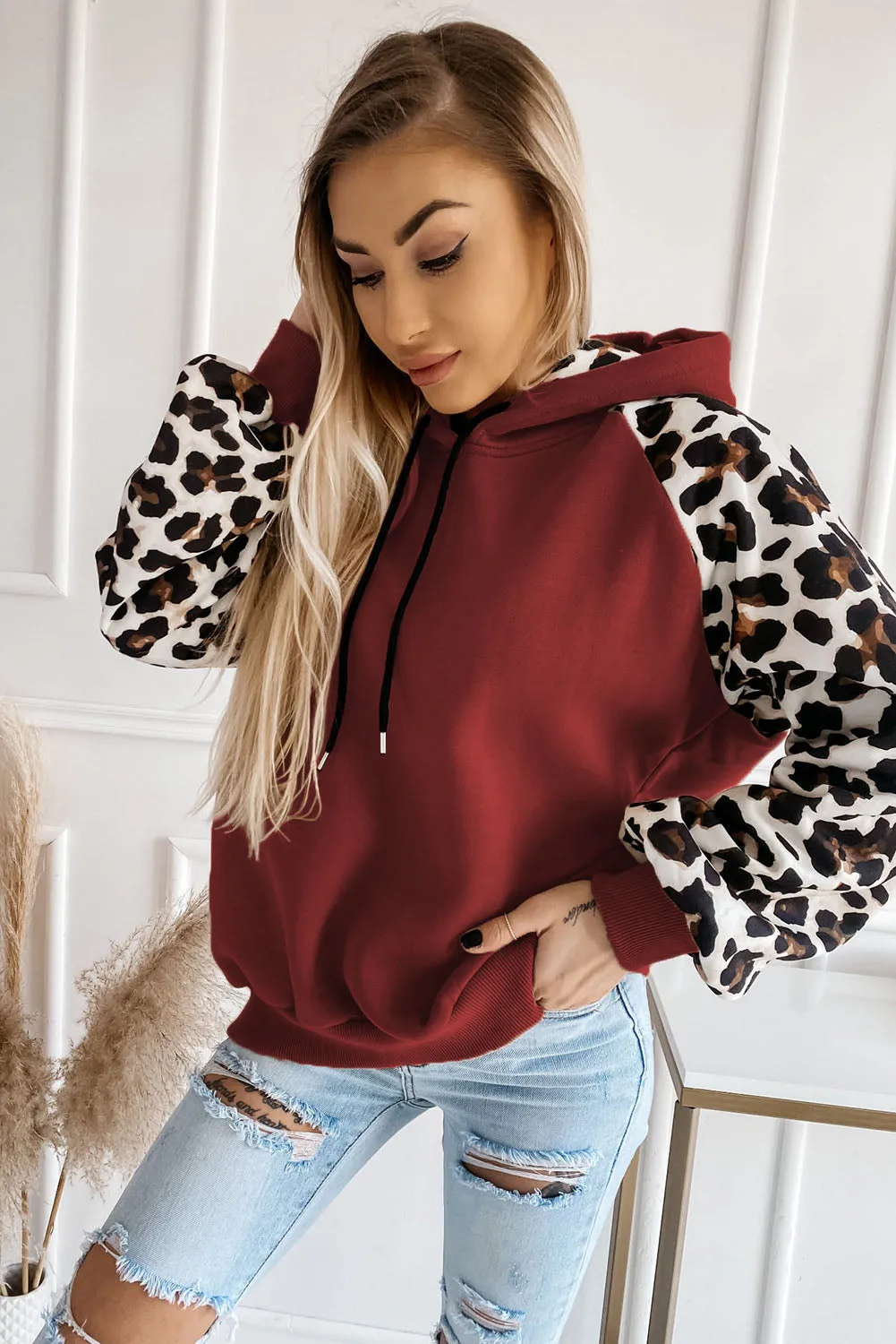 Gray Hooded Leopard Bishop Sleeve Sweatshirt