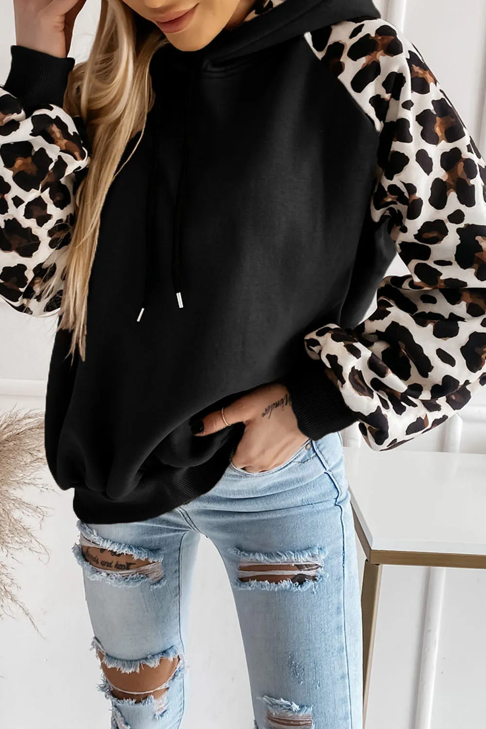 Gray Hooded Leopard Bishop Sleeve Sweatshirt