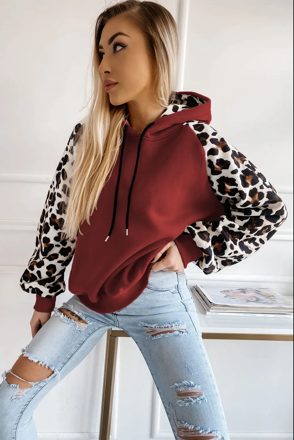 Gray Hooded Leopard Bishop Sleeve Sweatshirt