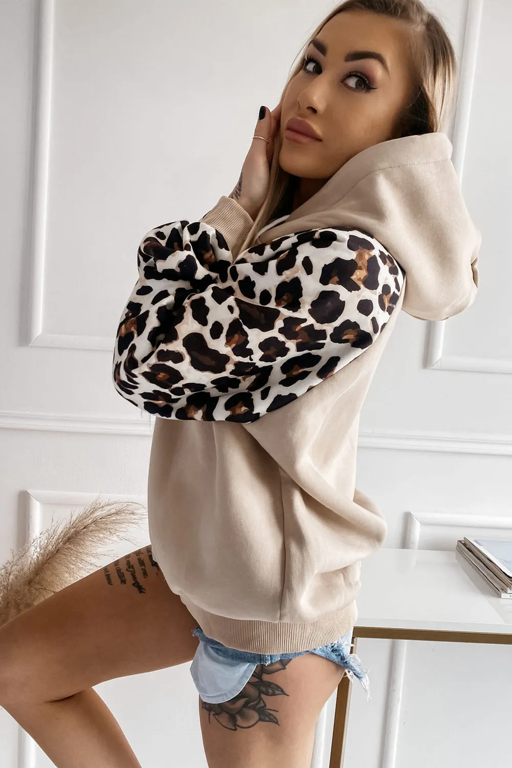 Gray Hooded Leopard Bishop Sleeve Sweatshirt