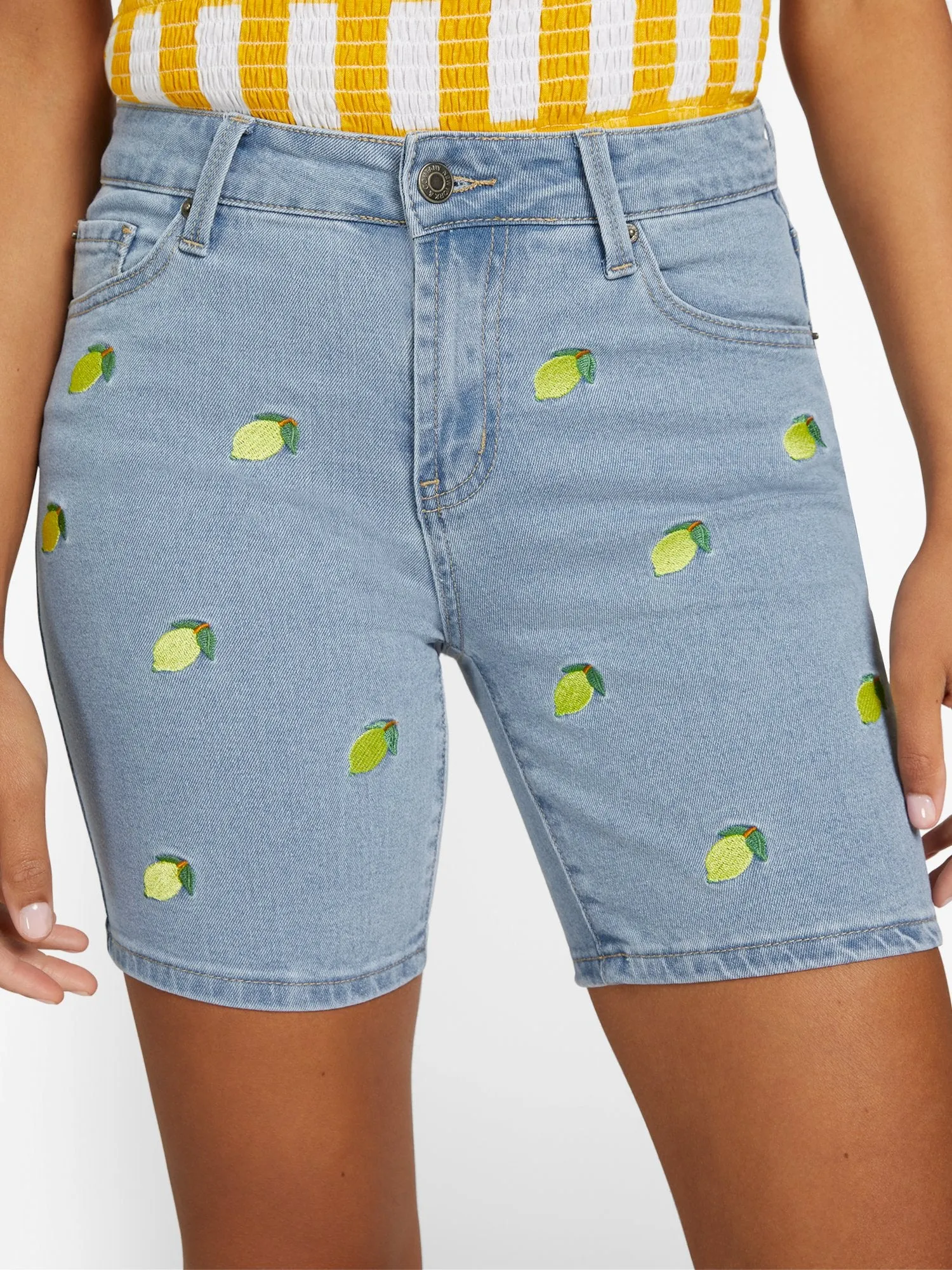 High-Waisted Lemon-Print Denim 9-Inch Short