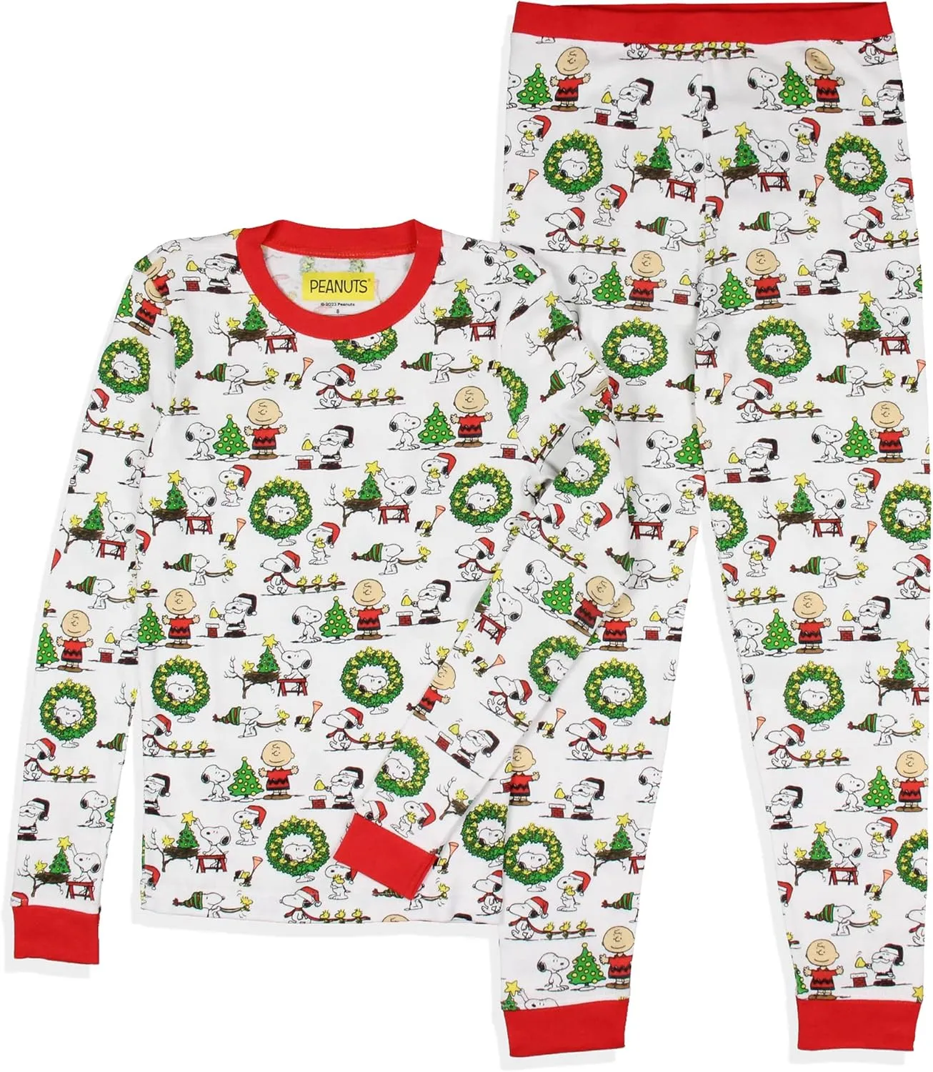 INTIMO Peanuts Boys' Girls' Unisex Christmas Santa Snoopy Charlie Brown Characters Sleep Pajama Set