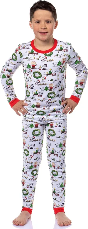INTIMO Peanuts Boys' Girls' Unisex Christmas Santa Snoopy Charlie Brown Characters Sleep Pajama Set
