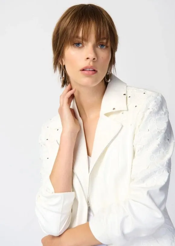 Joseph Ribkoff Vanilla Floral Lace Faux Suede Studded Long Sleeve Jacket 241904