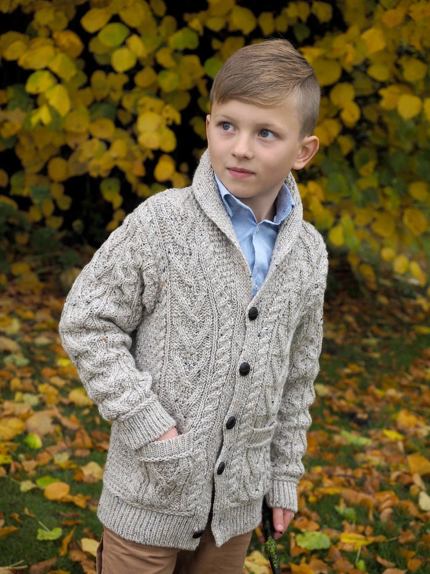 Kids Shawl Neck Aran Cardigan-Oatmeal