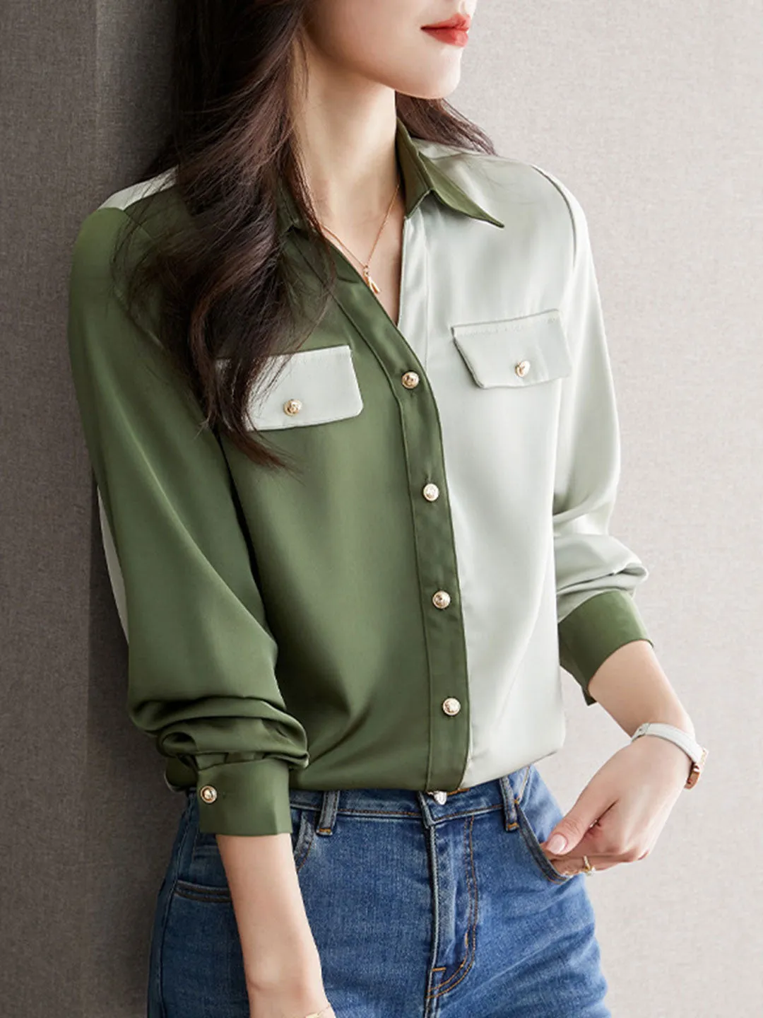 Lauren Classic Contrasted Color Paneled Chiffon Shirt