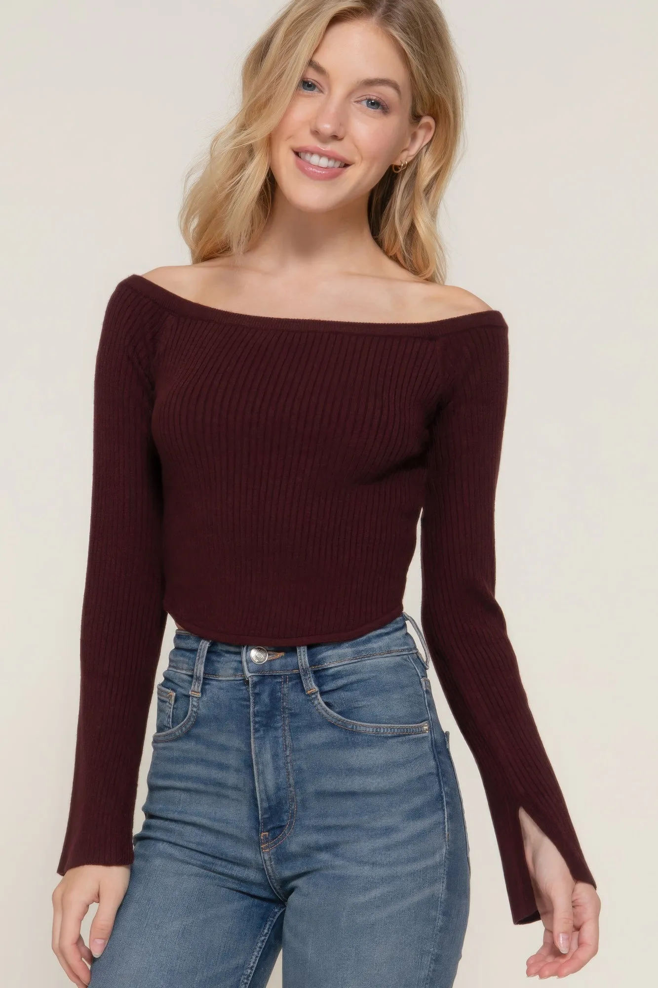 Long flare sleeve off shoulder sweater