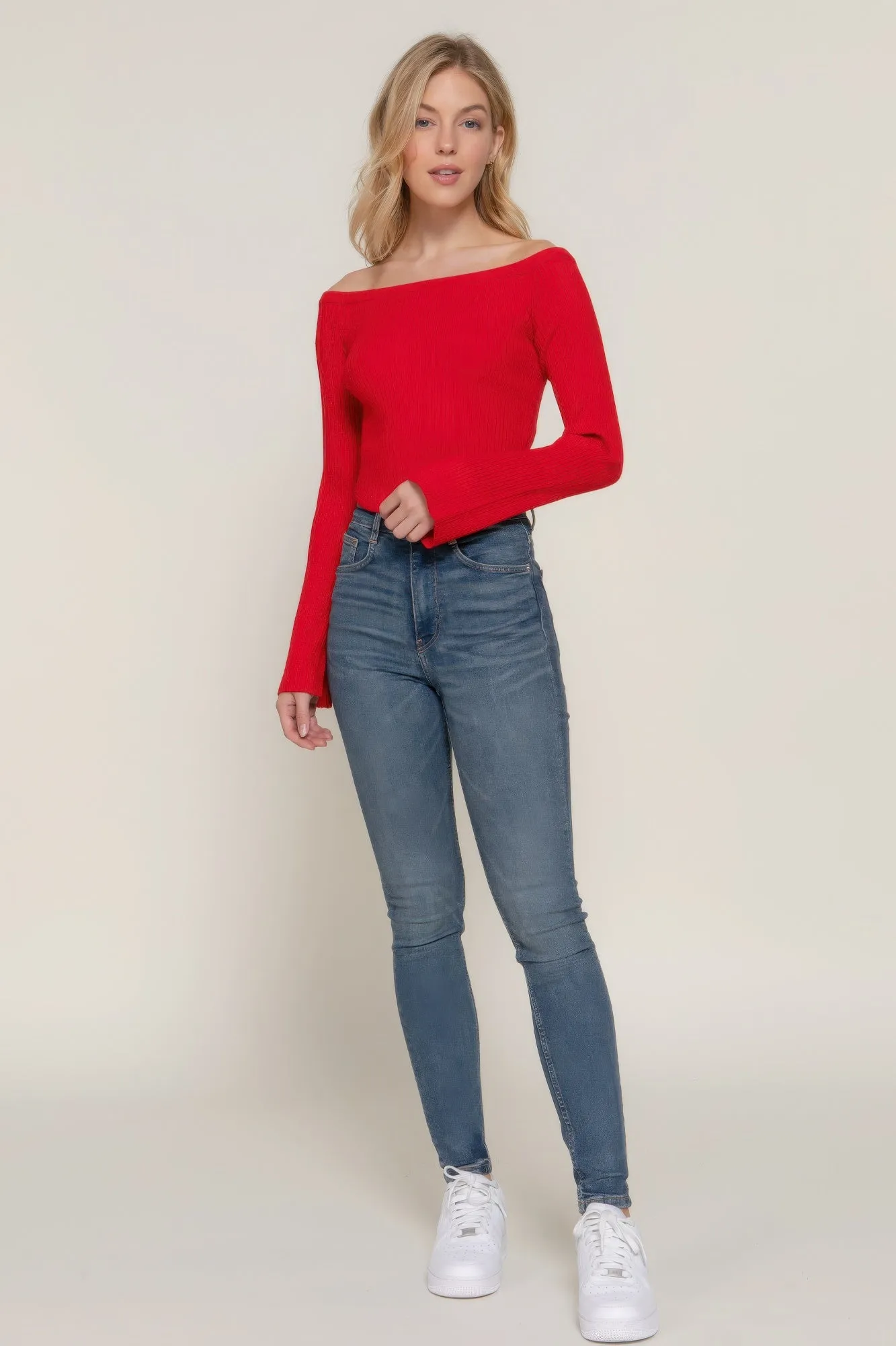 Long flare sleeve off shoulder sweater