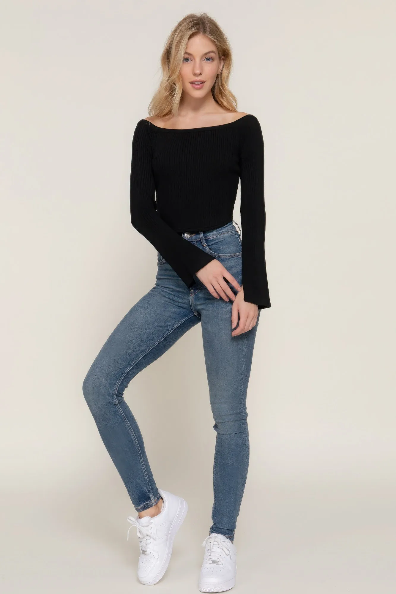Long flare sleeve off shoulder sweater