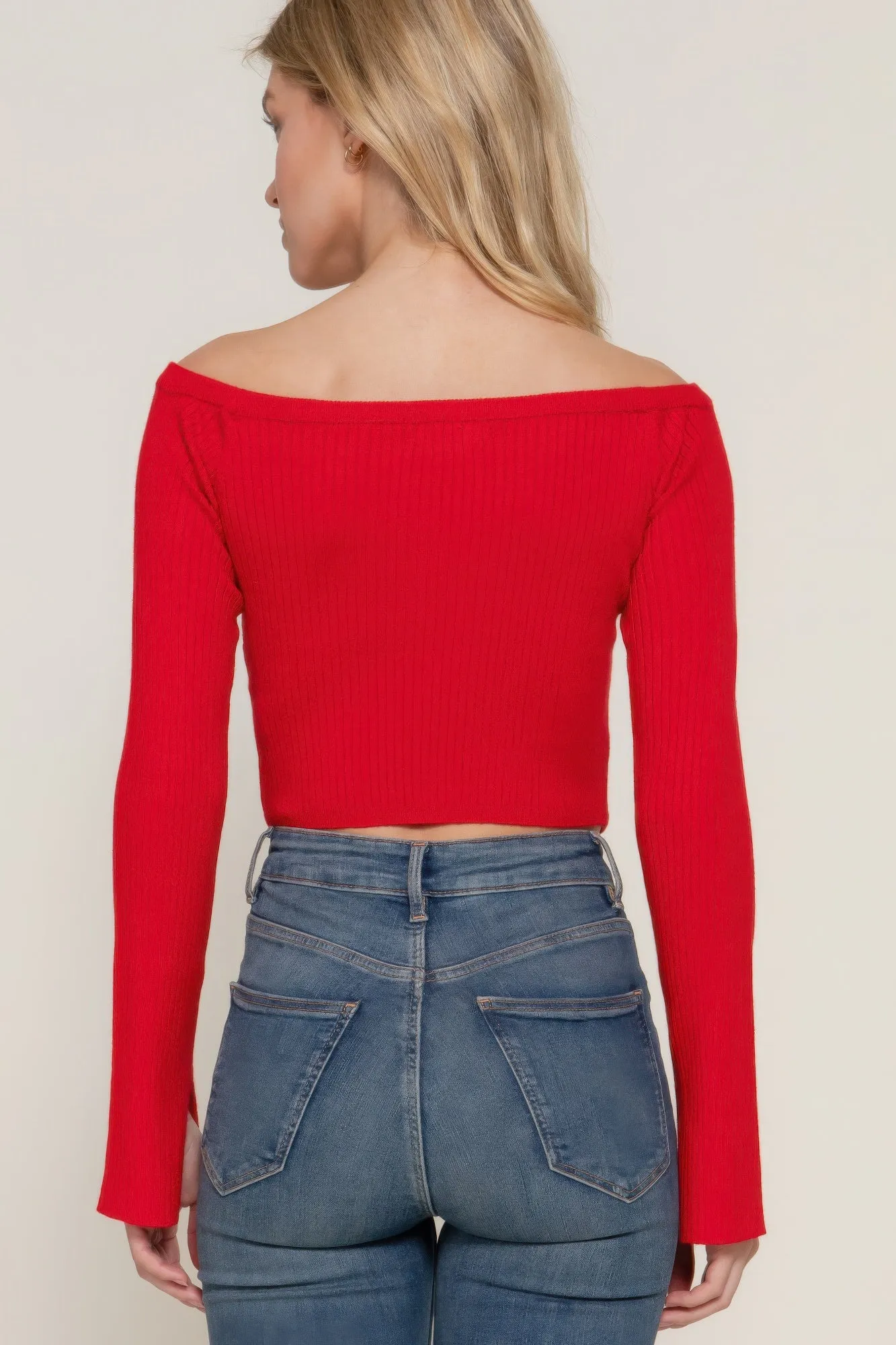 Long flare sleeve off shoulder sweater