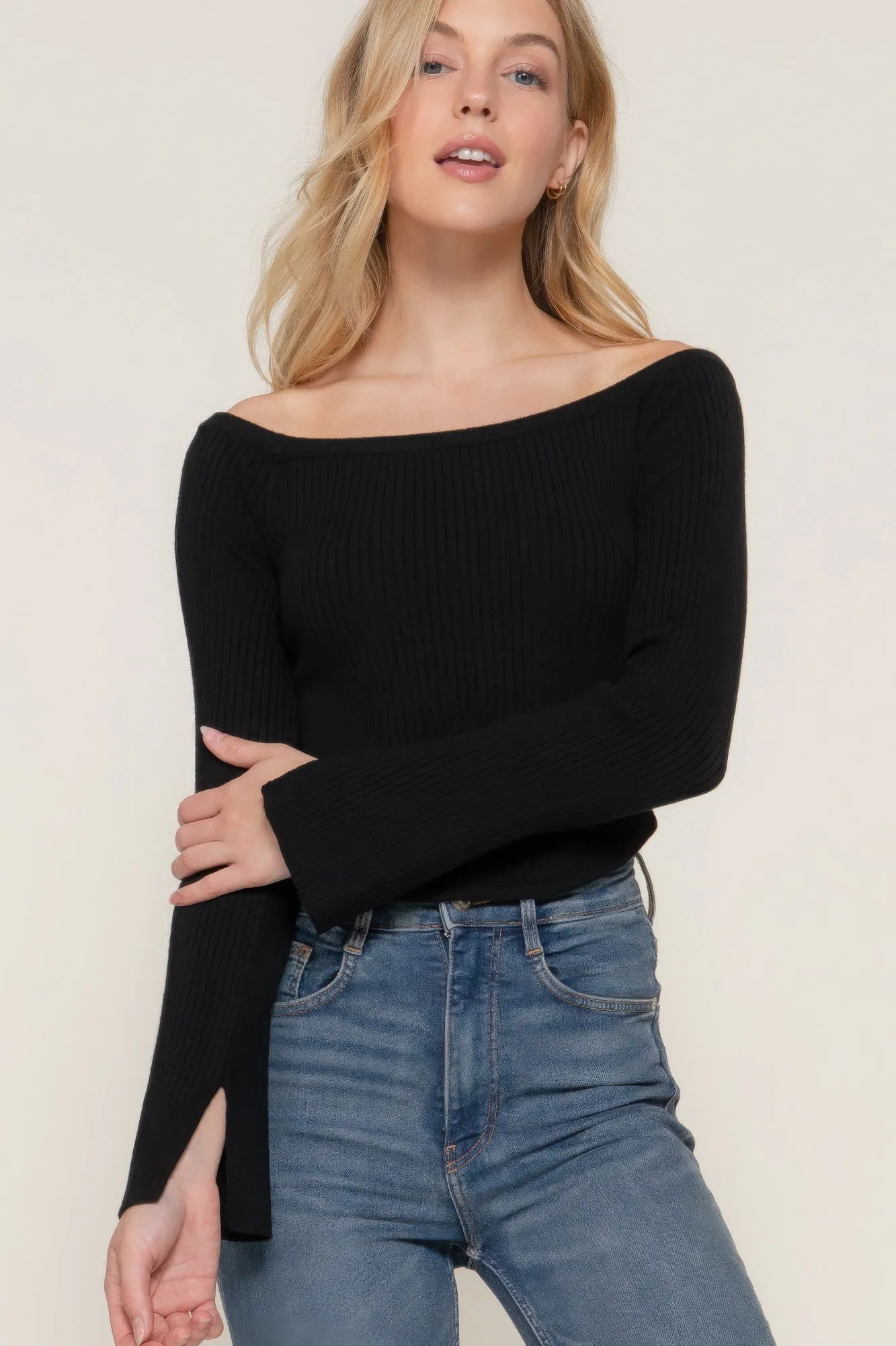 Long flare sleeve off shoulder sweater