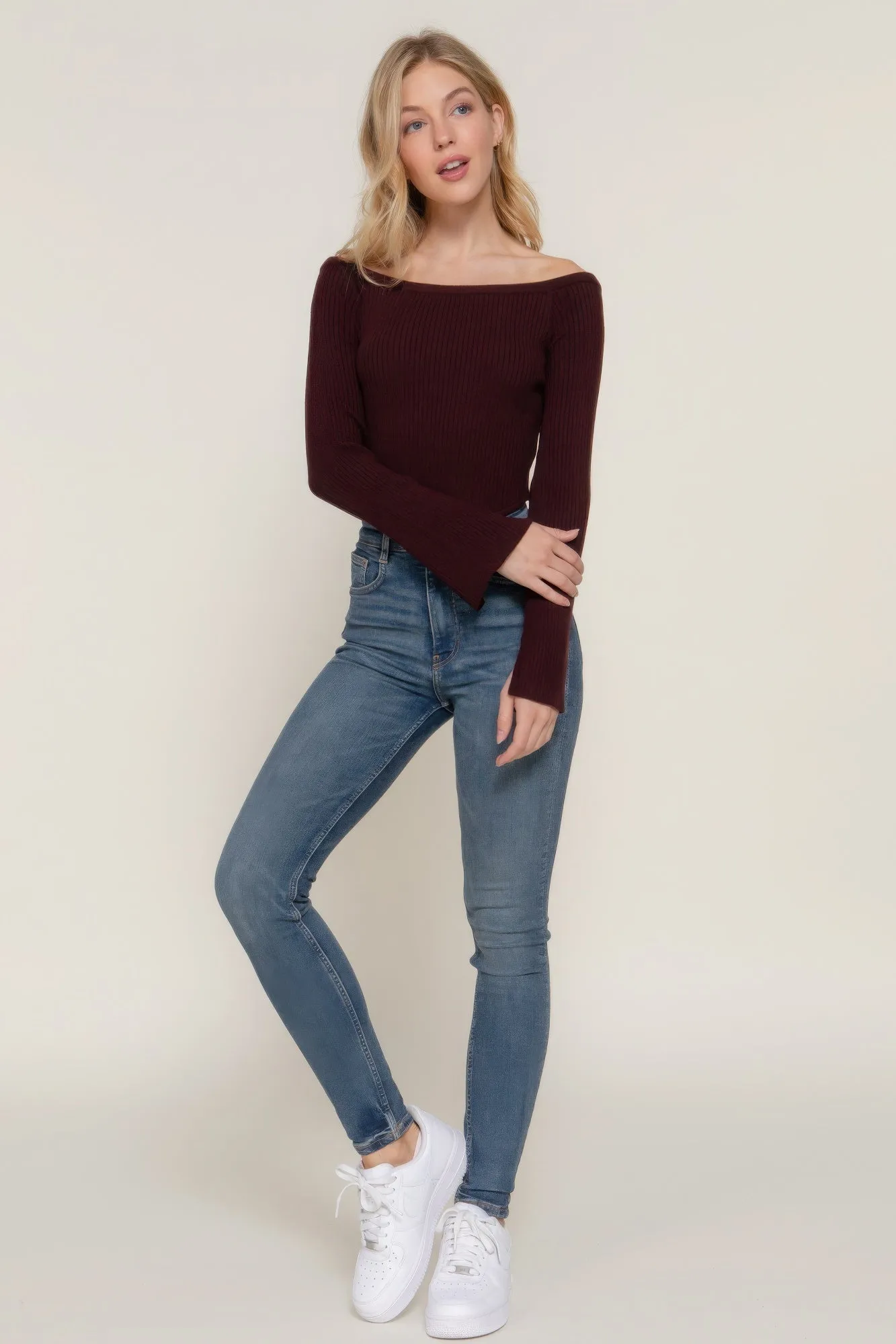 Long flare sleeve off shoulder sweater