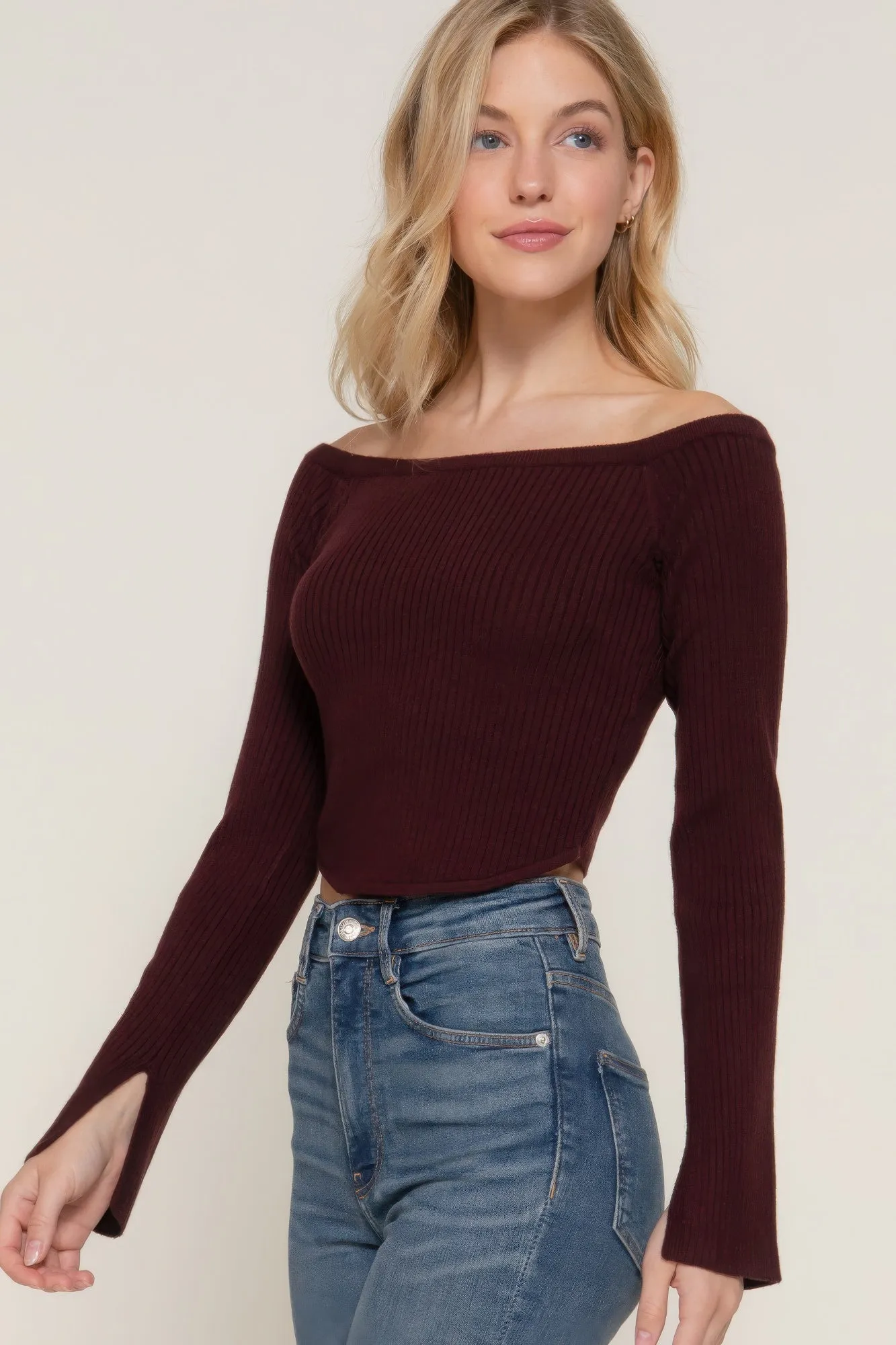 Long flare sleeve off shoulder sweater
