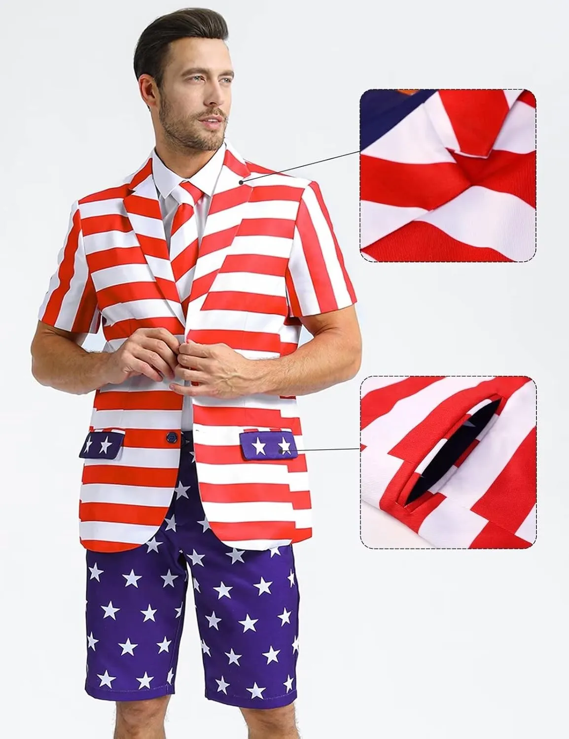 Men's 3-Piece Suits for Summer Theme Party, Short Sleeve Blazer & Shorts & Tie