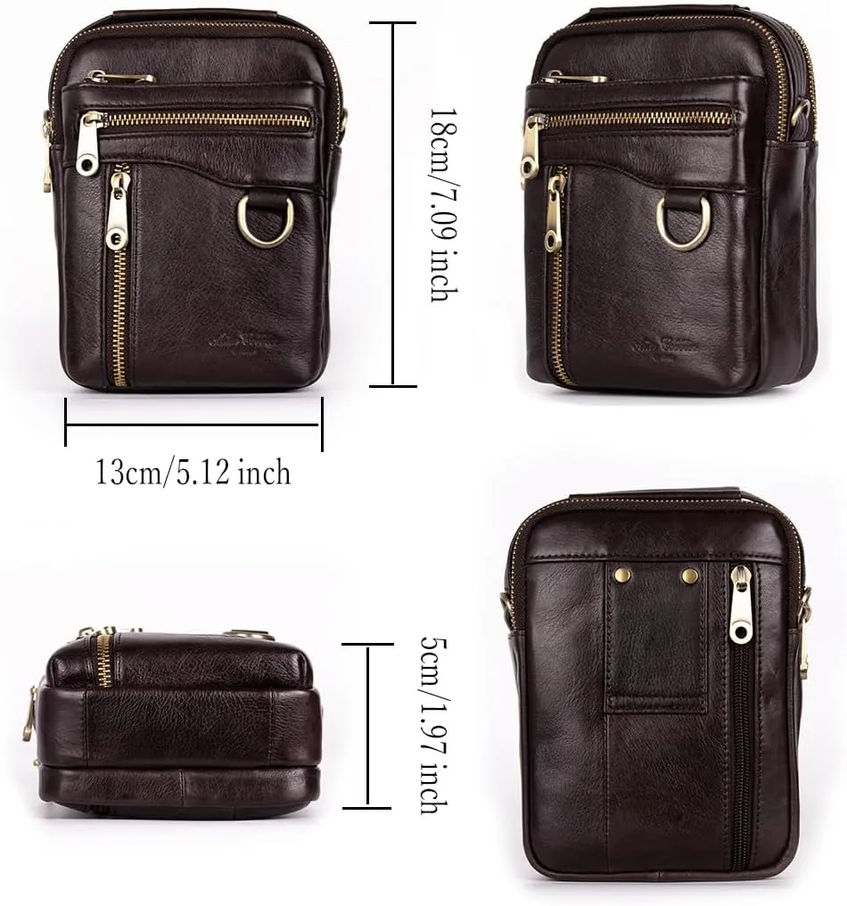 Men's Waist Belt Bag with Shoulder Strap and Top Handle Real Leather 3 Way Business Outdoor Travel Cellphone Pouch Security Purse Daypack Lightweight Vertical Brown