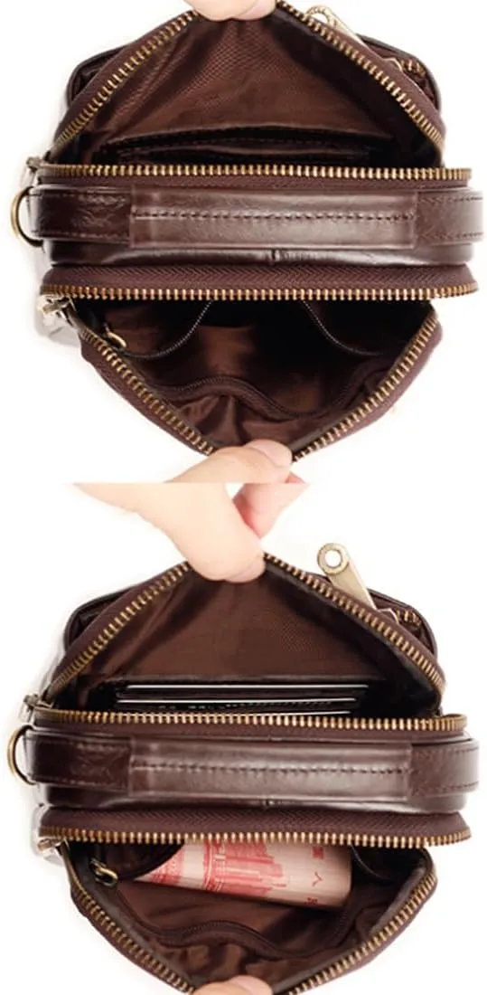 Men's Waist Belt Bag with Shoulder Strap and Top Handle Real Leather 3 Way Business Outdoor Travel Cellphone Pouch Security Purse Daypack Lightweight Vertical Brown