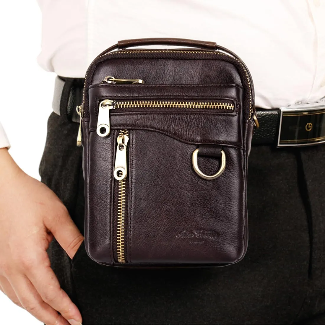 Men's Waist Belt Bag with Shoulder Strap and Top Handle Real Leather 3 Way Business Outdoor Travel Cellphone Pouch Security Purse Daypack Lightweight Vertical Brown