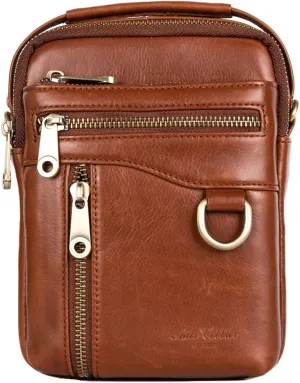 Men's Waist Belt Bag with Shoulder Strap and Top Handle Real Leather 3 Way Business Outdoor Travel Cellphone Pouch Security Purse Daypack Lightweight Vertical Brown