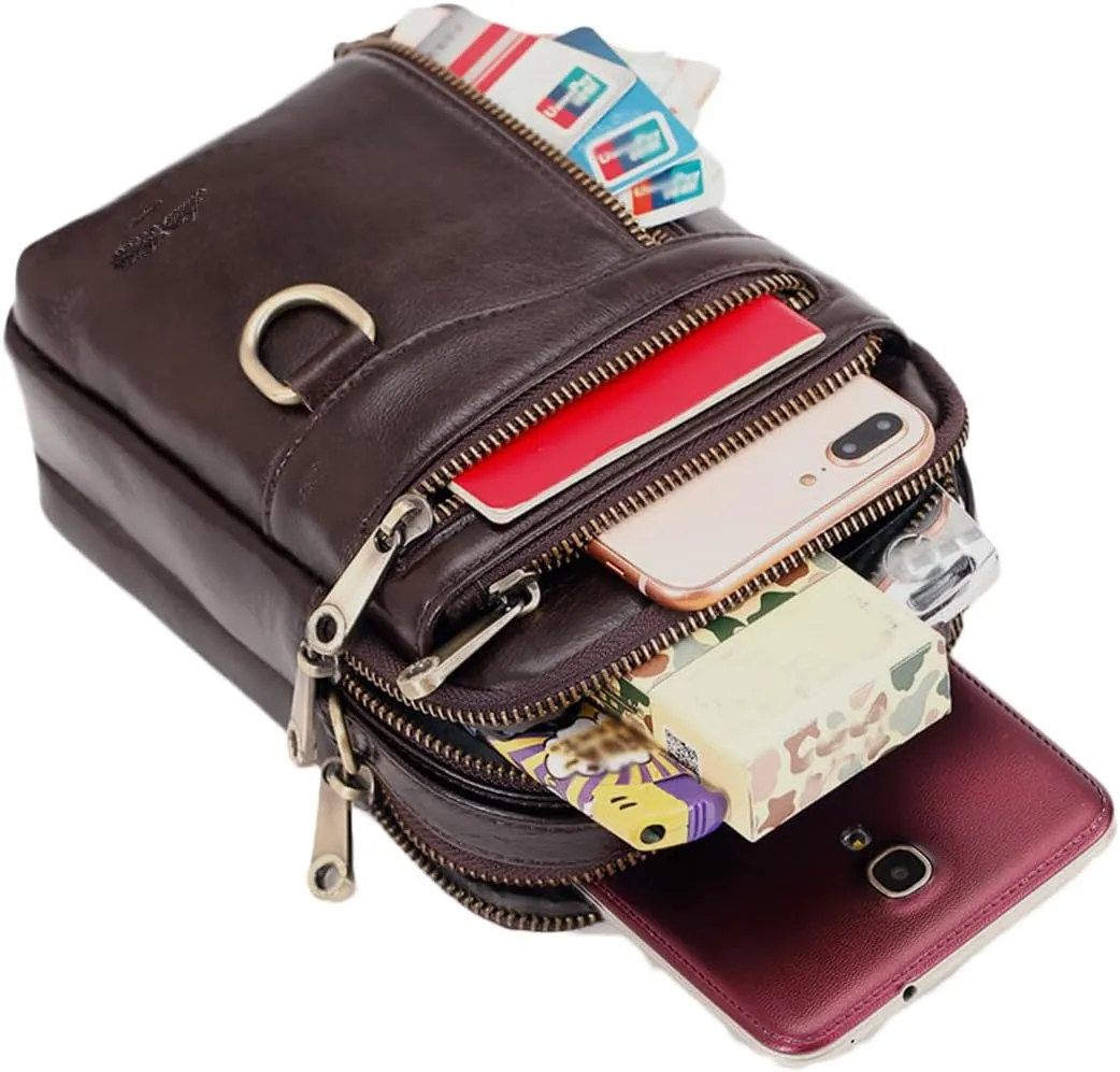 Men's Waist Belt Bag with Shoulder Strap and Top Handle Real Leather 3 Way Business Outdoor Travel Cellphone Pouch Security Purse Daypack Lightweight Vertical Brown