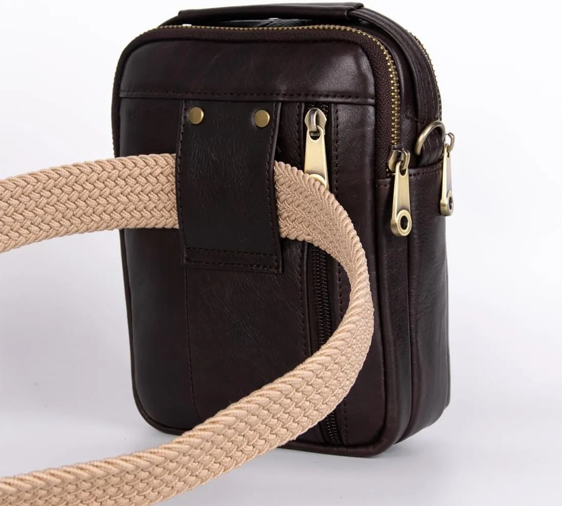 Men's Waist Belt Bag with Shoulder Strap and Top Handle Real Leather 3 Way Business Outdoor Travel Cellphone Pouch Security Purse Daypack Lightweight Vertical Brown