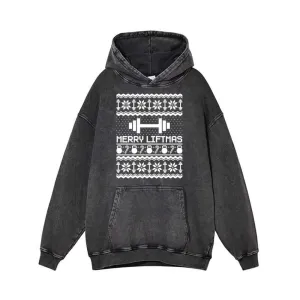 Merry Liftmas Dumbbell Pattern Vintage Washed Hoodie