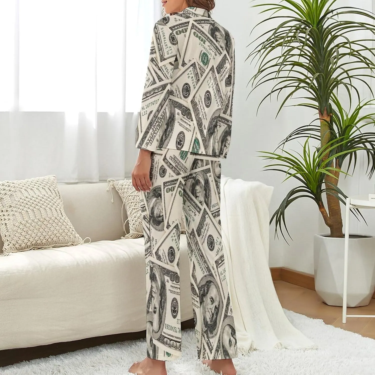 Money American Hundred Dollar Bills Women's Pajama Set Long Sleeve Top Pants Loungewear 2 Piece Button Down PJ