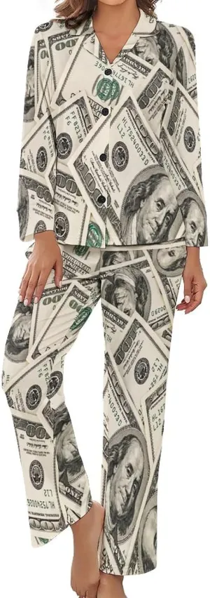 Money American Hundred Dollar Bills Women's Pajama Set Long Sleeve Top Pants Loungewear 2 Piece Button Down PJ