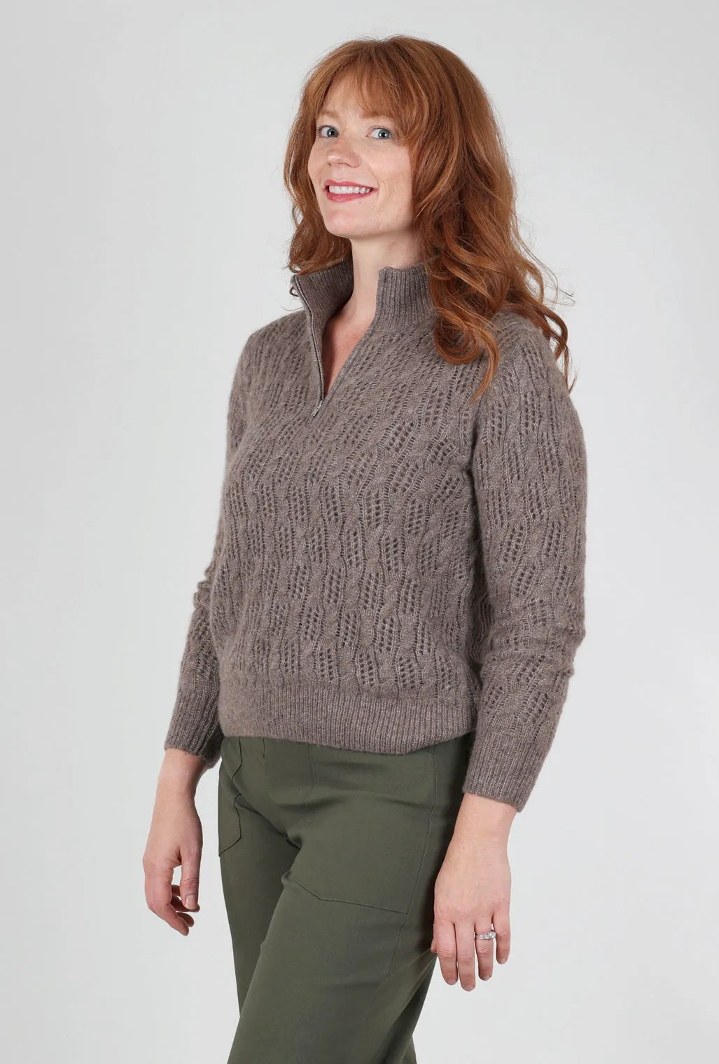 Pointelle Half-Zip Sweater, Hazelnut