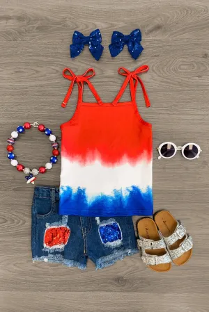 Red White & Blue Tie Tank Denim Short Set