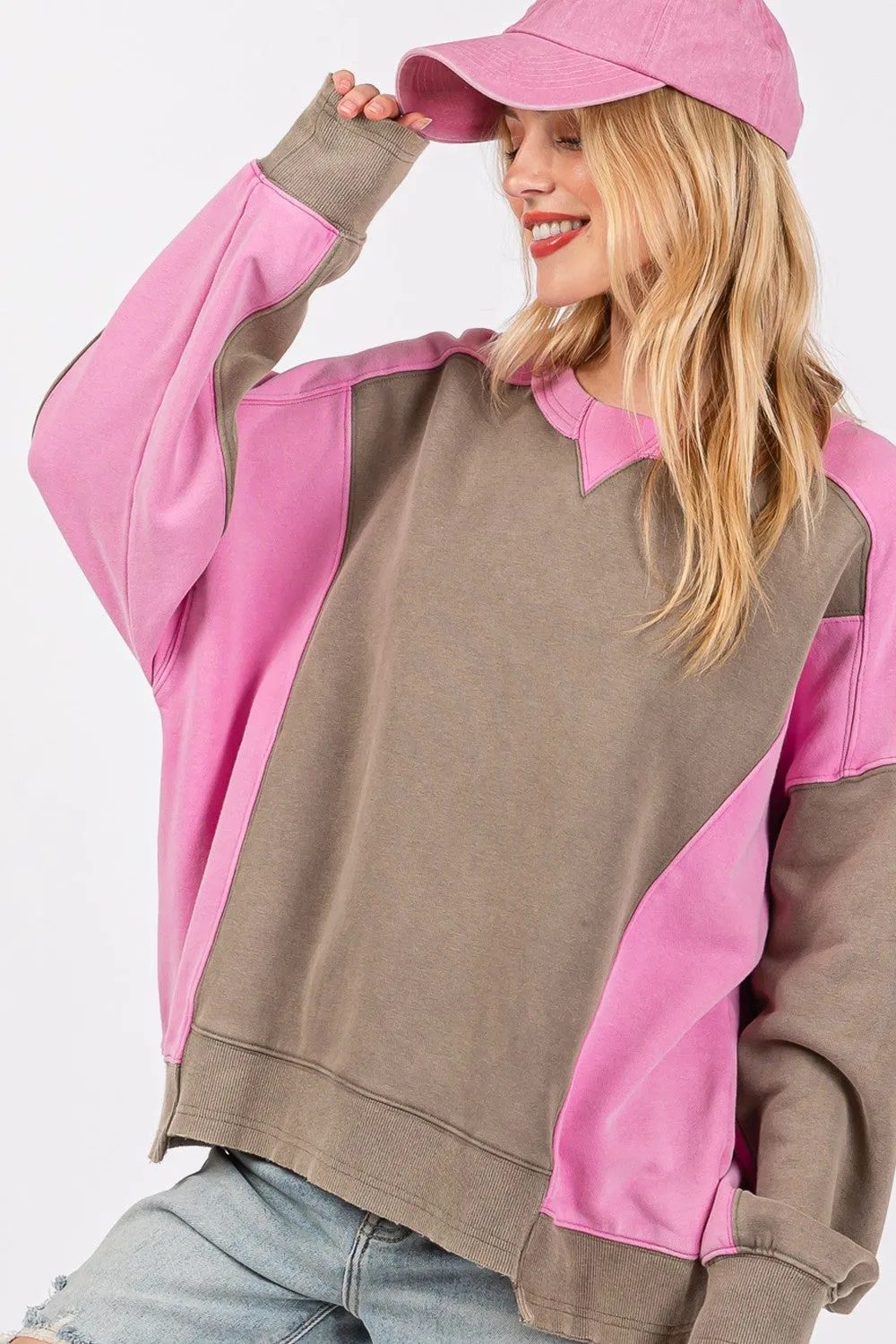 Sage Fig Color Block Pullover Sweater in Ash/Pink
