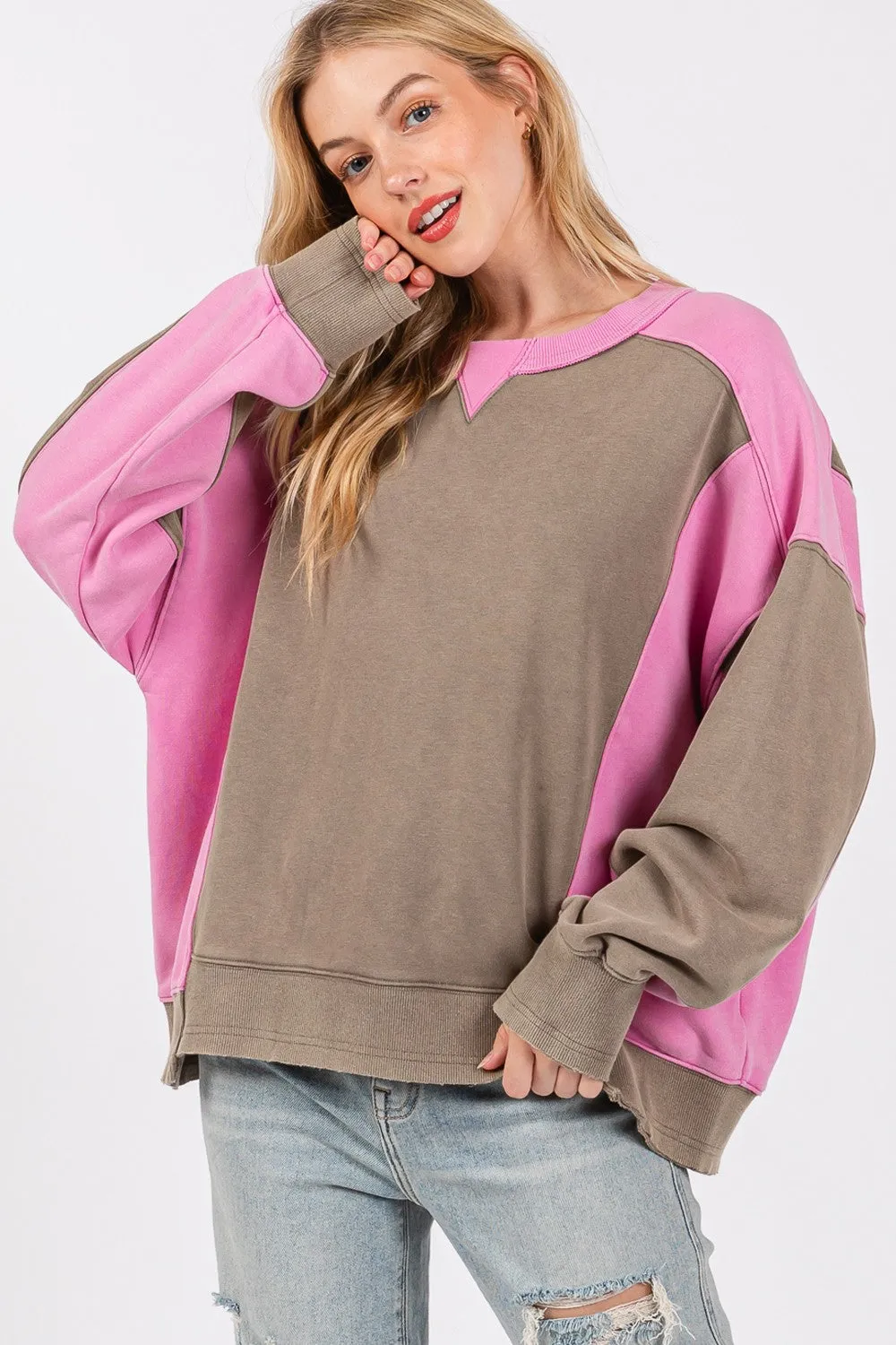 Sage Fig Color Block Pullover Sweater in Ash/Pink