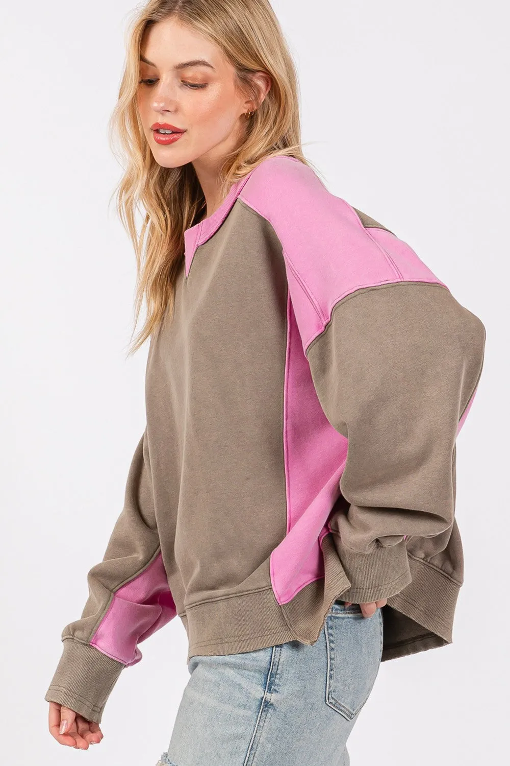 Sage Fig Color Block Pullover Sweater in Ash/Pink