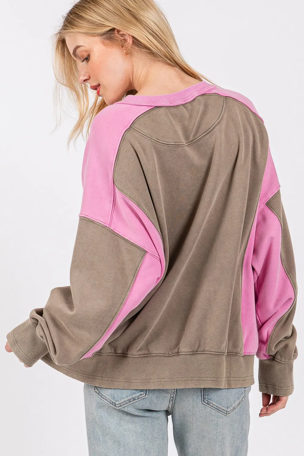 Sage Fig Color Block Pullover Sweater in Ash/Pink