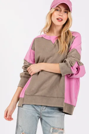 Sage Fig Color Block Pullover Sweater in Ash/Pink